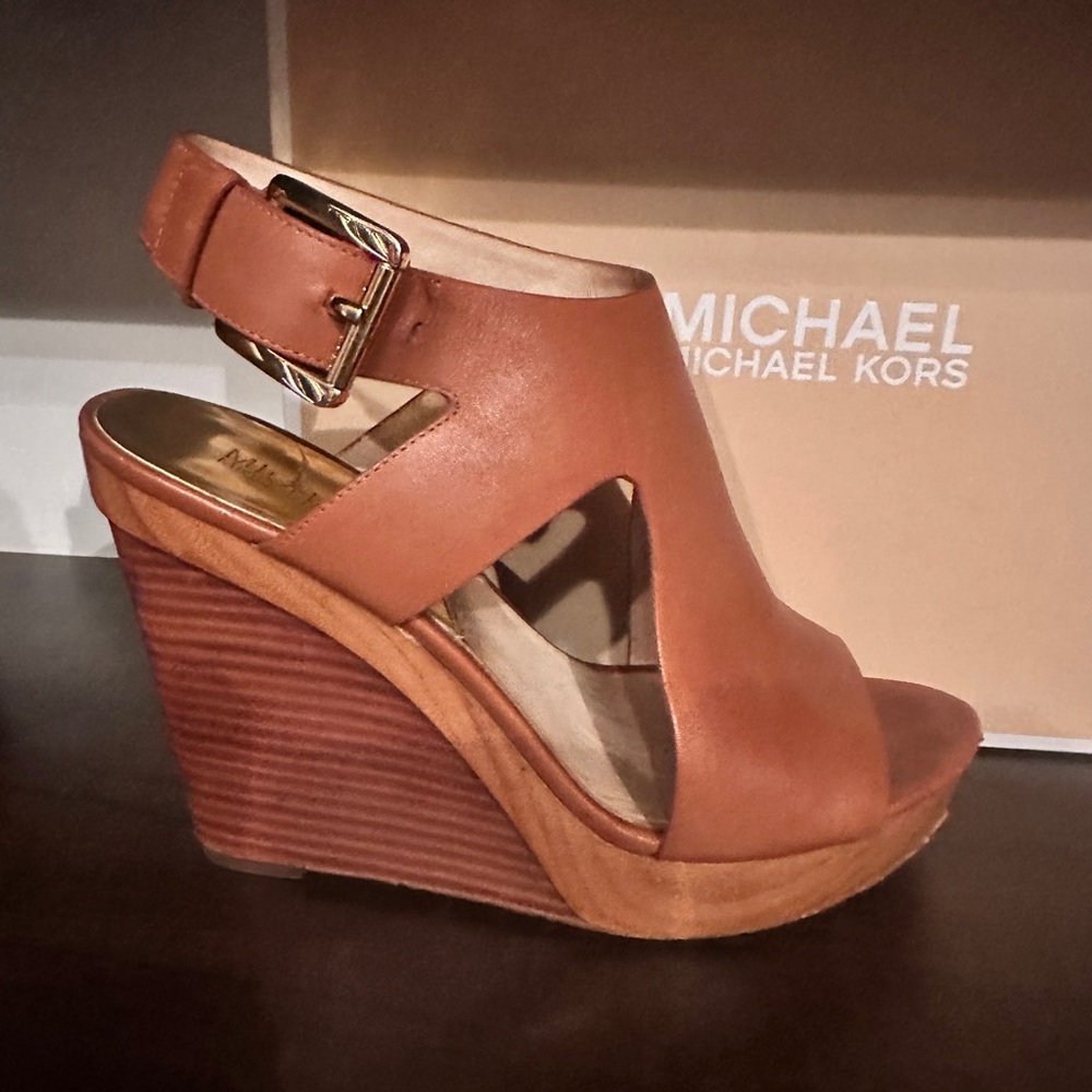 Michael Kors Josephine Brown Leather Wedges